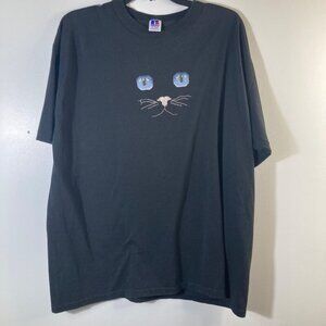 Womens Russell Athletics Cat Tee Shirt Cross Stitch Black Short Sleeve XL Polyes